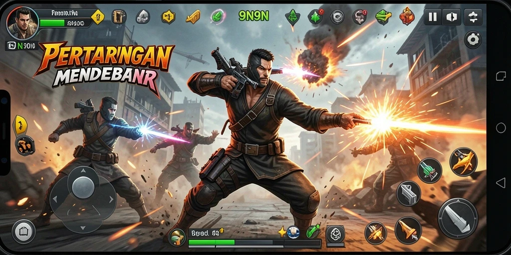 Tampilan gameplay aksi intens dalam 9N9N yang menegangkan.