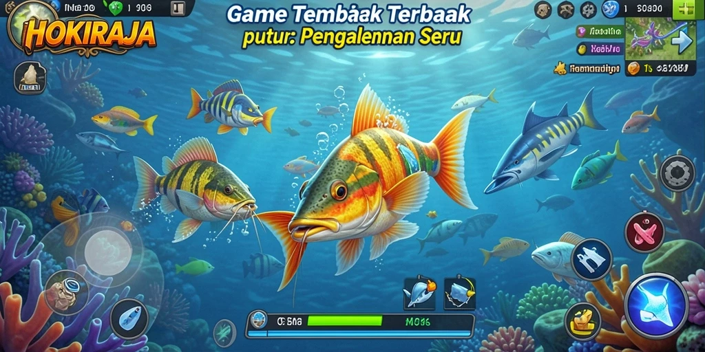 Screenshot gameplay HOKIRAJA menampilkan aksi seru menembak ikan.
