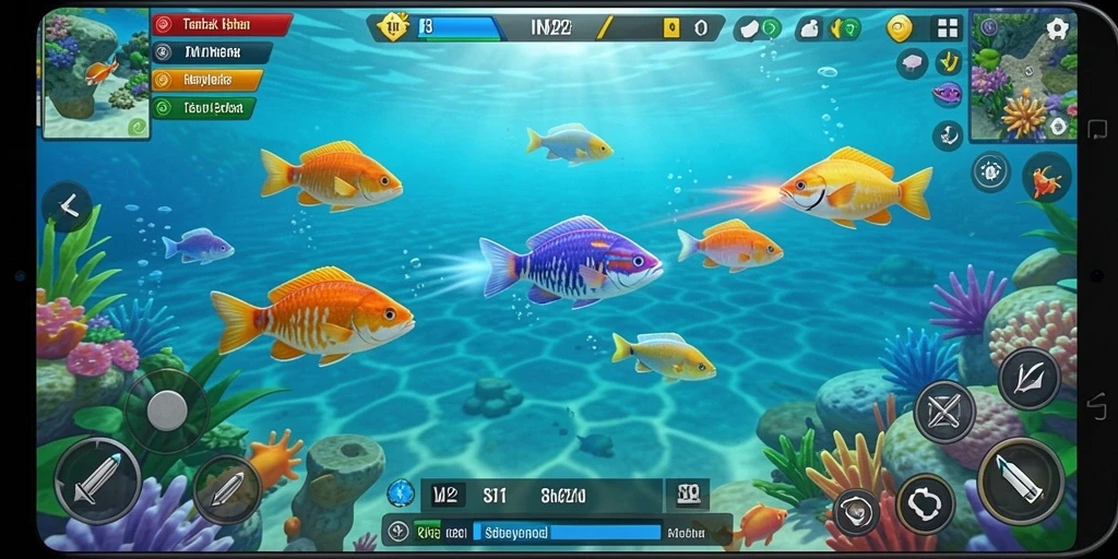 Tangkapan layar gameplay IN22 yang menampilkan aksi Tembak Ikan yang seru.