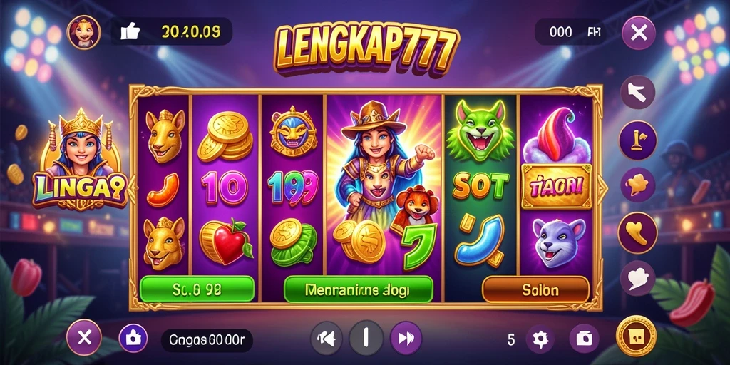 Screenshot gameplay LENGKAP777 menampilkan mesin Slot yang penuh warna.
