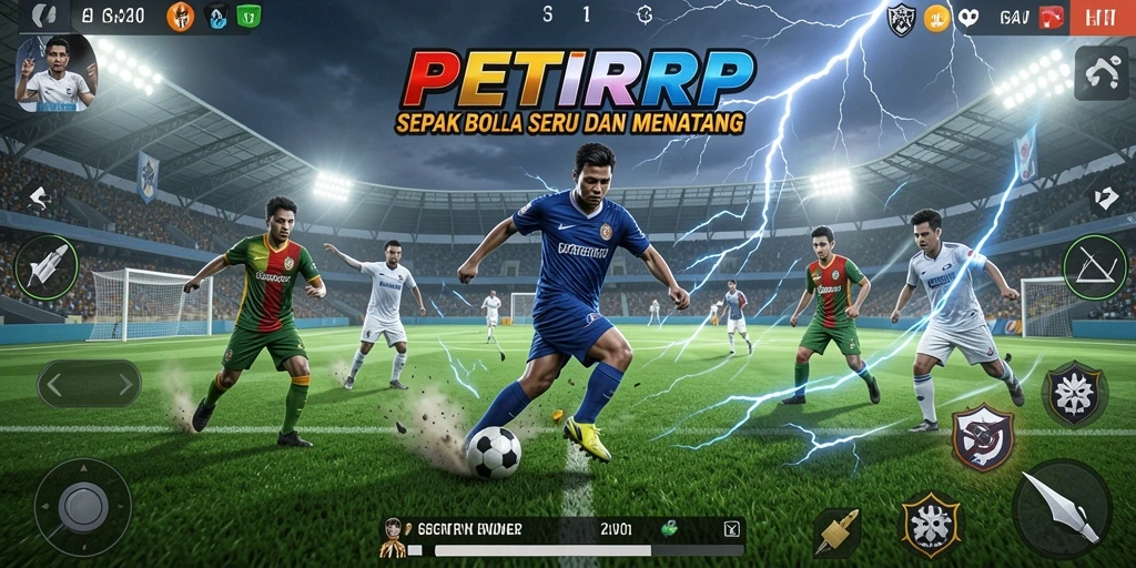 Tampilan gameplay PETIRRP menunjukkan aksi seru di lapangan sepak bola.