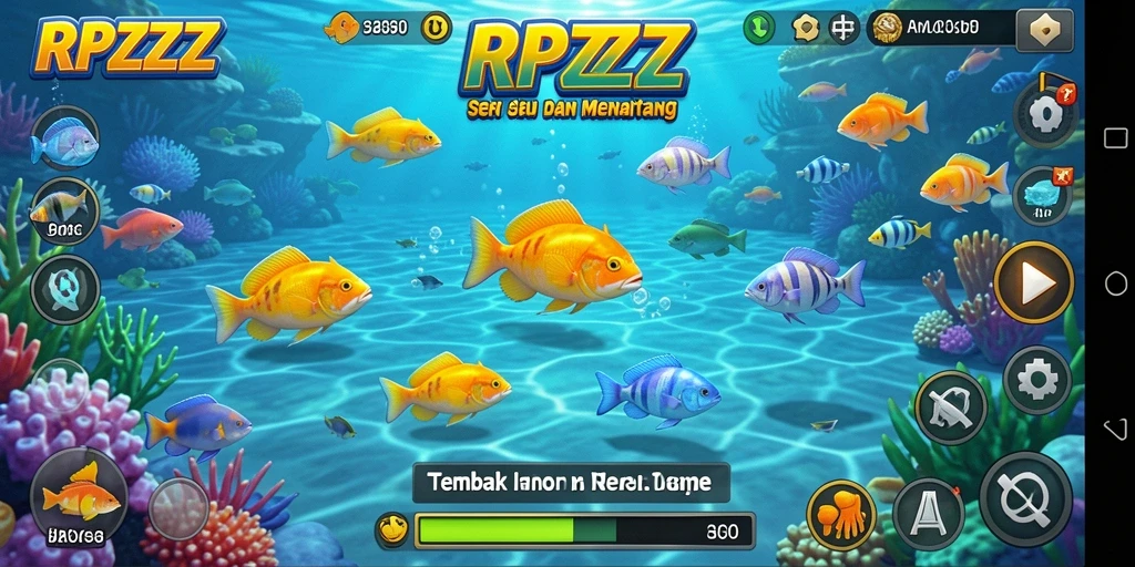 Screenshot gameplay RPZZZ menunjukkan aksi menembak ikan yang seru.