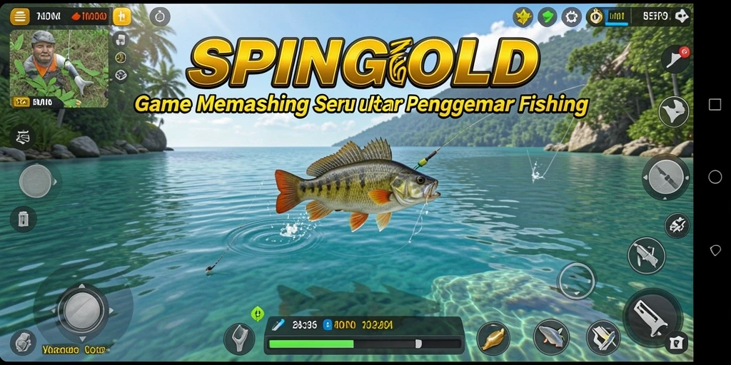 Tampilan gameplay <strong>SPINGOLD</strong> saat memancing di lokasi yang indah.